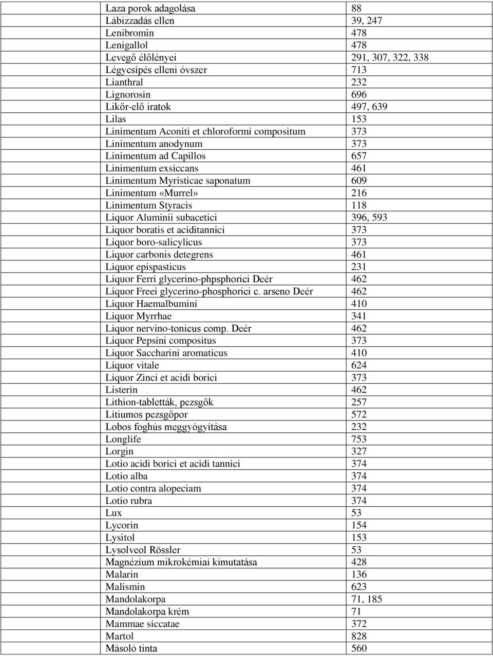 Linimentum Styracis 118 Liquor Aluminii subacetici 396, 593 Liquor boratis et aciditannici 373 Liquor boro-salicylicus 373 Liquor carbonis detegrens 461 Liquor epispasticus 231 Liquor Ferri