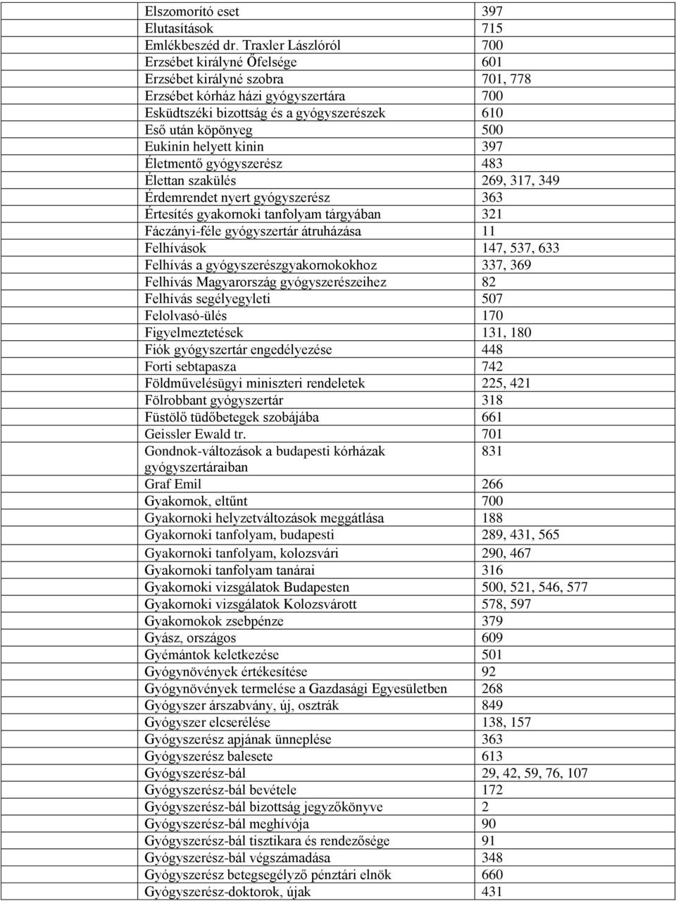 Eukinin helyett kinin 397 Életmentő gyógyszerész 483 Élettan szakülés 269, 317, 349 Érdemrendet nyert gyógyszerész 363 Értesítés gyakornoki tanfolyam tárgyában 321 Fáczányi-féle gyógyszertár