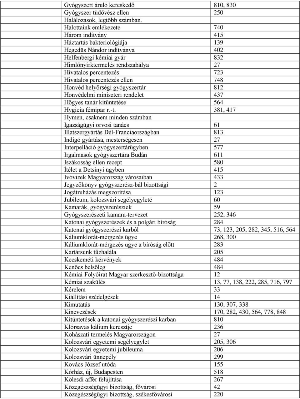 Hivatalos percentezés ellen 748 Honvéd helyőrségi gyógyszertár 812 Honvédelmi miniszteri rendelet 437 Hőgyes tanár kitüntetése 564 Hygieia fémipar r.-t.
