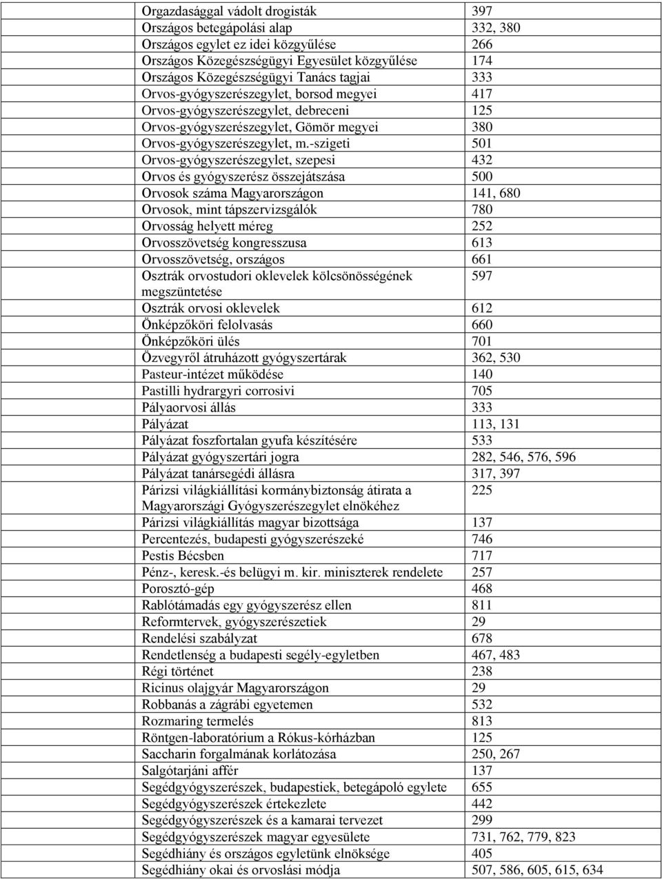 -szigeti 501 Orvos-gyógyszerészegylet, szepesi 432 Orvos és gyógyszerész összejátszása 500 Orvosok száma Magyarországon 141, 680 Orvosok, mint tápszervizsgálók 780 Orvosság helyett méreg 252