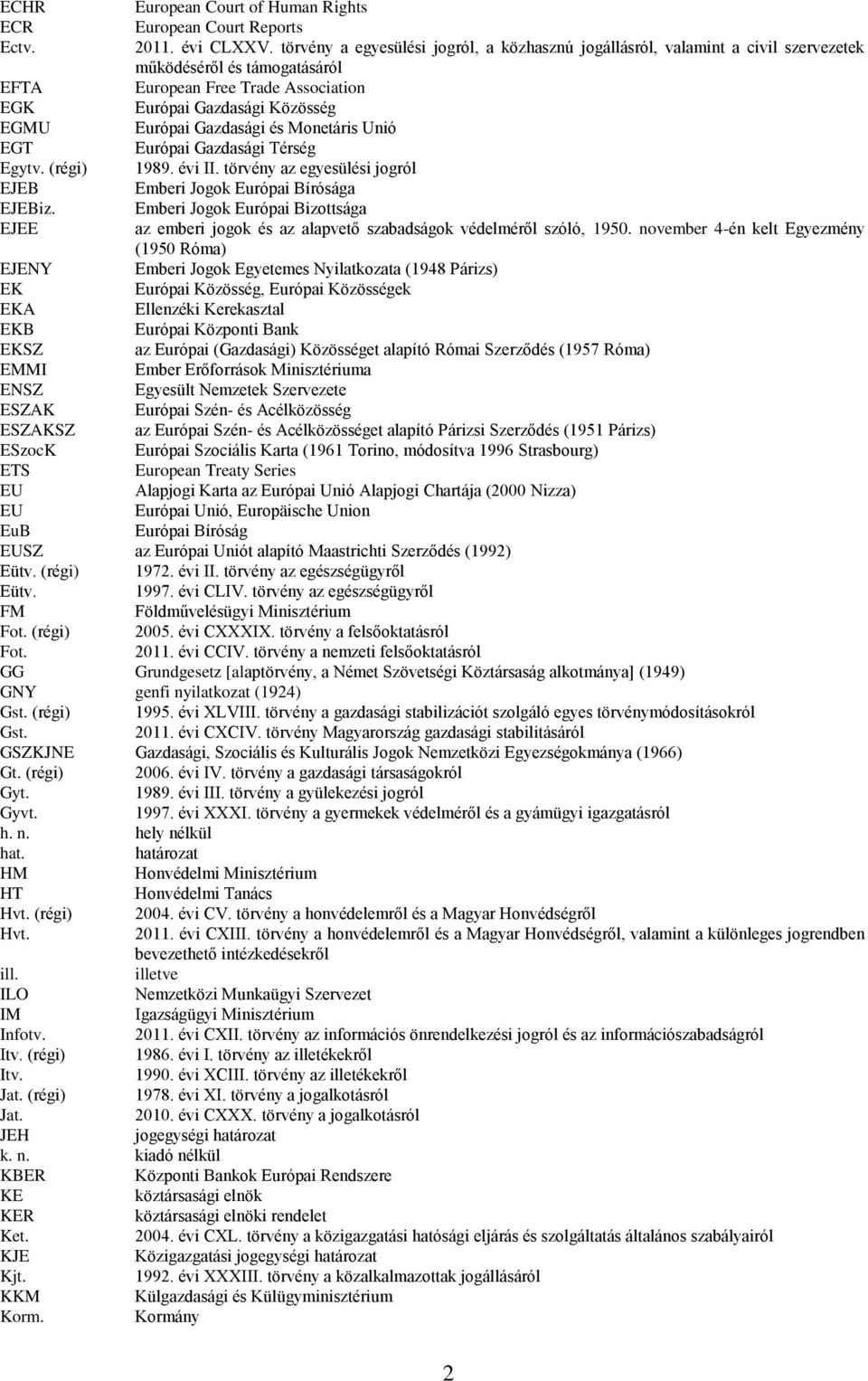 Gazdasági és Monetáris Unió EGT Európai Gazdasági Térség Egytv. (régi) 1989. évi II. törvény az egyesülési jogról EJEB Emberi Jogok Európai Bírósága EJEBiz.