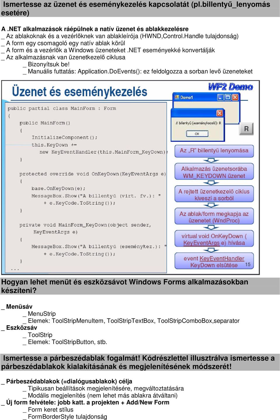 Handle tulajdonság) _ A form egy csomagoló egy natív ablak körül _ A form és a vezérlők a Windows üzeneteket.net eseményekké konvertálják _ Az alkalmazásnak van üzenetkezelő ciklusa _ Bizonyítsuk be!