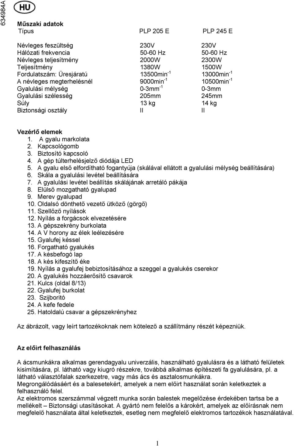 elemek 1. A gyalu markolata 2. Kapcsológomb 3. Biztosító kapcsoló 4. A gép túlterhelésjelző diódája LED 5. A gyalu első elfordítható fogantyúja (skálával ellátott a gyalulási mélység beállítására) 6.