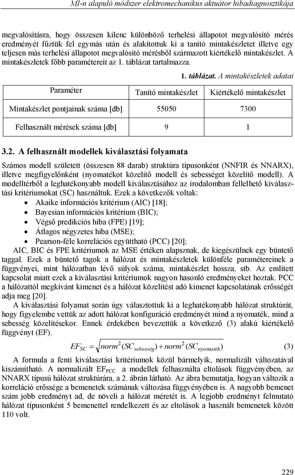 táblázat tartalmazza. 1. táblázat. A mintakészletek adatai Paraméter Tanító mintakészlet Kiértékelő mintakészlet Mintakészlet pontjainak száma [db] 55050 7300 Felhasznált mérések száma [db] 9 1 3.2.