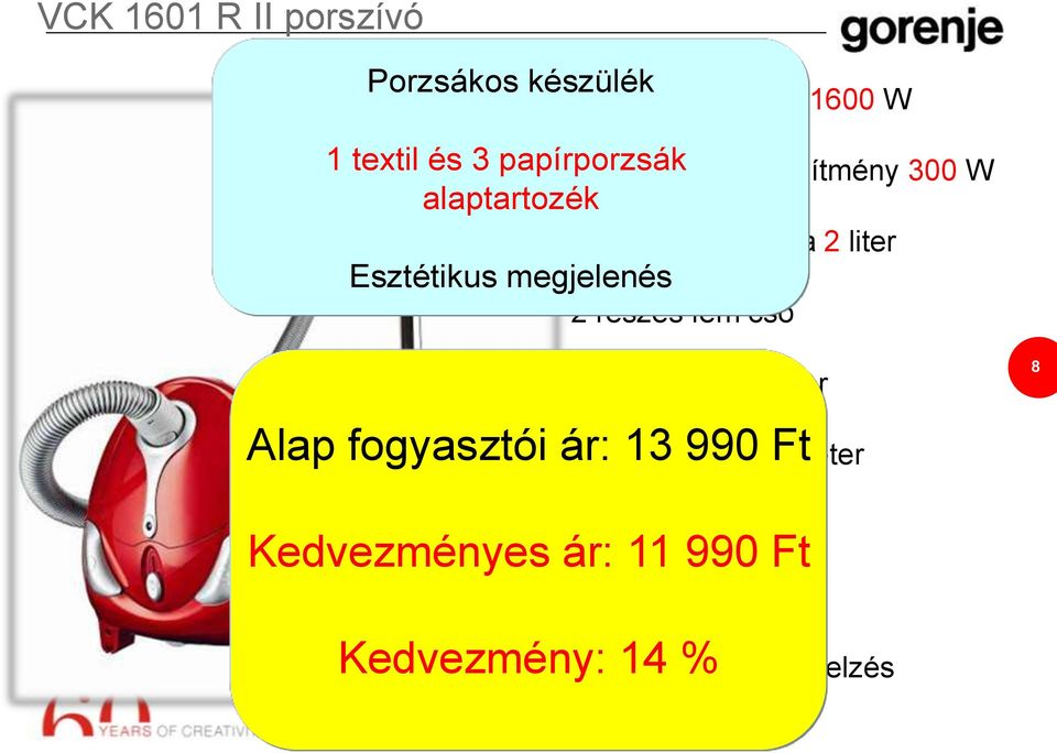 szívási teljesítmény 300 W alaptartozék porzsák űrtartalma 2 liter Esztétikus megjelenés 2