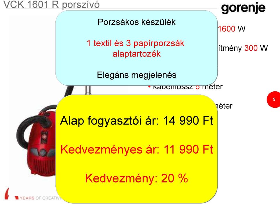 szívási teljesítmény 300 W alaptartozék 2,5 literes porzsák Elegáns megjelenés