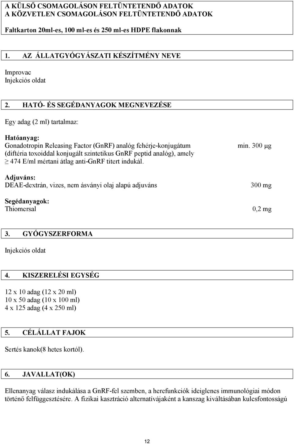 HATÓ- ÉS SEGÉDANYAGOK MEGNEVEZÉSE Egy adag (2 ml) tartalmaz: Hatóanyag: Gonadotropin Releasing Factor (GnRF) analóg fehérje-konjugátum min.