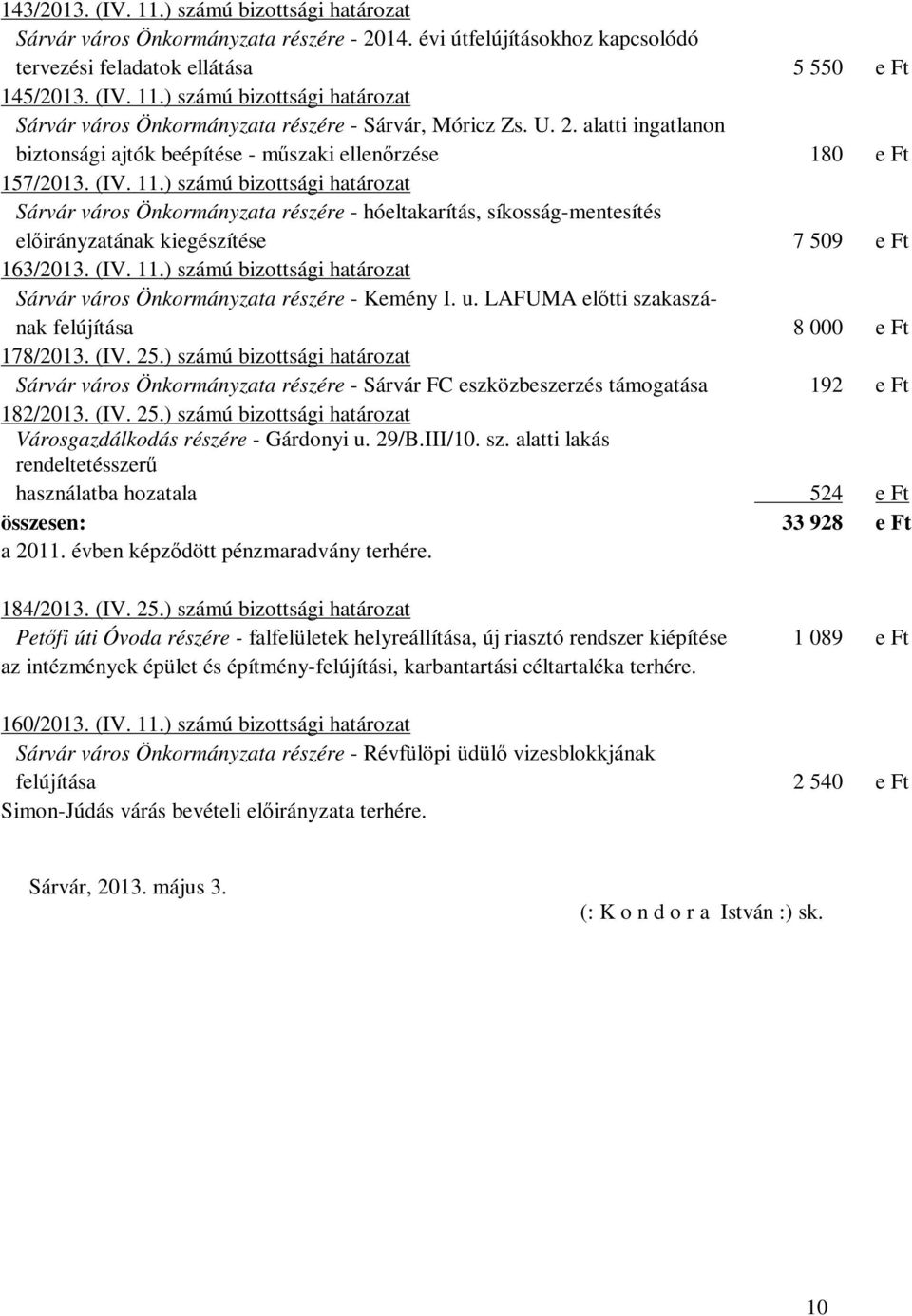 ) számú bizottsági határozat Sárvár város Önkormányzata részére - hóeltakarítás, síkosság-mentesítés előirányzatának kiegészítése 7 509 e Ft 163/2013. (IV. 11.