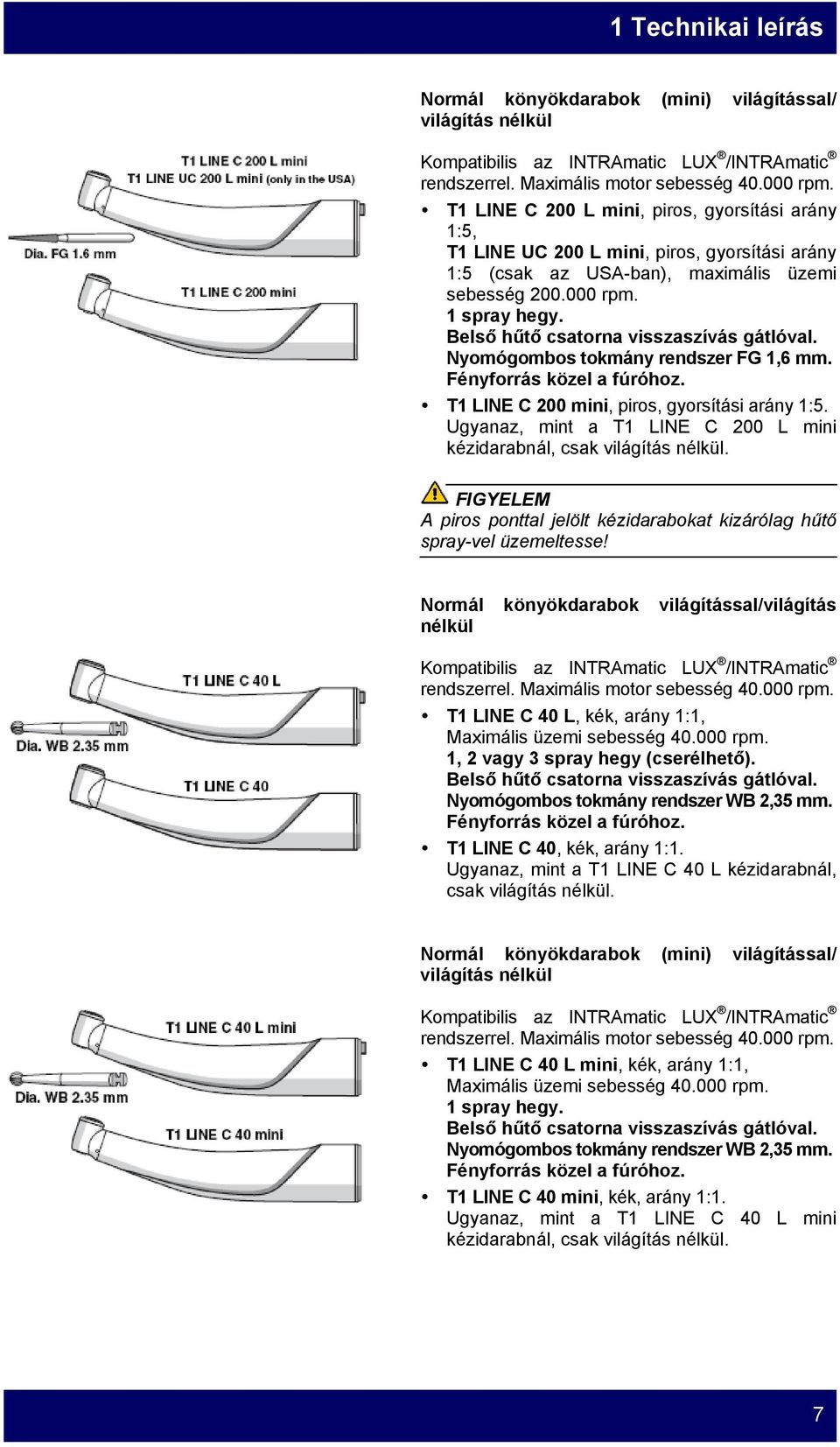 Belső hűtő csatorna visszaszívás gátlóval. Nyomógombos tokmány rendszer FG 1,6 mm. Fényforrás közel a fúróhoz. T1 LINE C 200 mini, piros, gyorsítási arány 1:5.