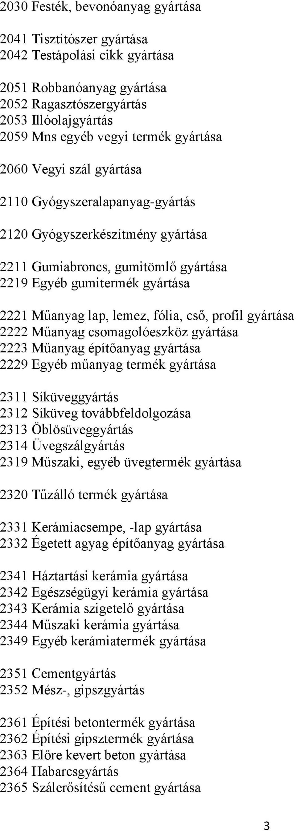 cső, profil gyártása 2222 Műanyag csomagolóeszköz gyártása 2223 Műanyag építőanyag gyártása 2229 Egyéb műanyag termék gyártása 2311 Síküveggyártás 2312 Síküveg továbbfeldolgozása 2313