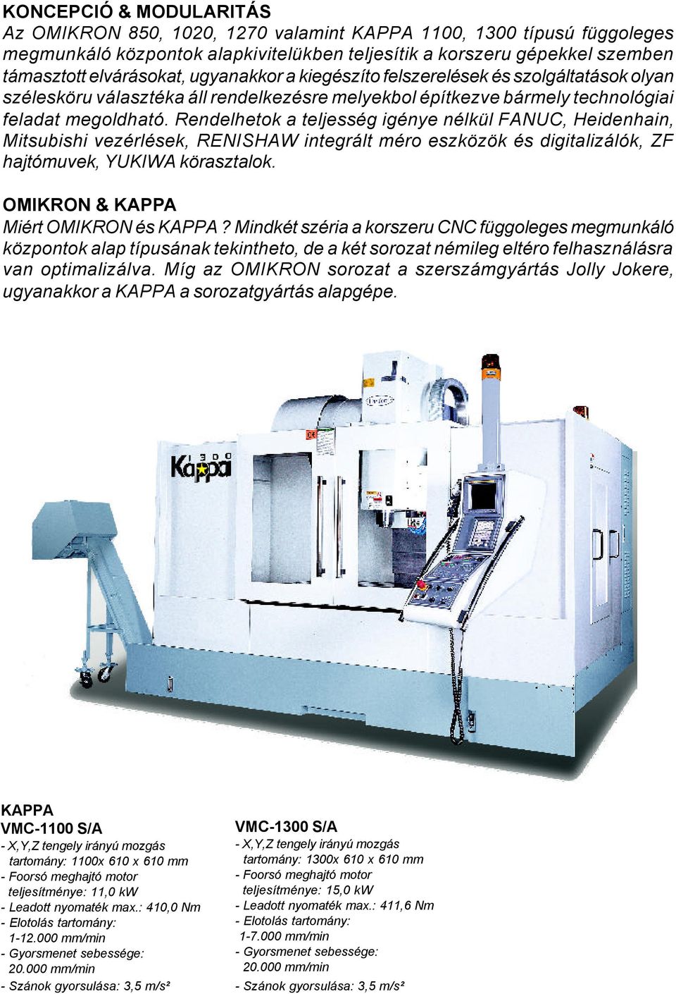 Rendelhetok a teljesség igénye nélkül FANUC, Heidenhain, Mitsubishi vezérlések, RENISHAW integrált méro eszközök és digitalizálók, ZF hajtómuvek, YUKIWA körasztalok.