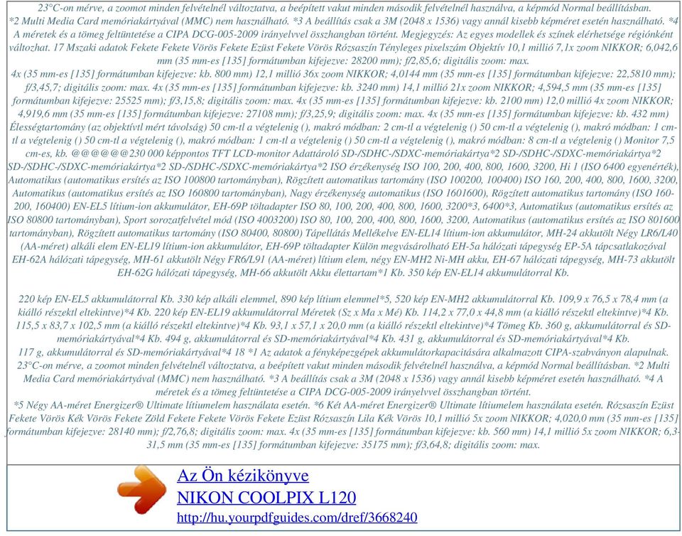 *4 A méretek és a tömeg feltüntetése a CIPA DCG-005-2009 irányelvvel összhangban történt. Megjegyzés: Az egyes modellek és színek elérhetsége régiónként változhat.