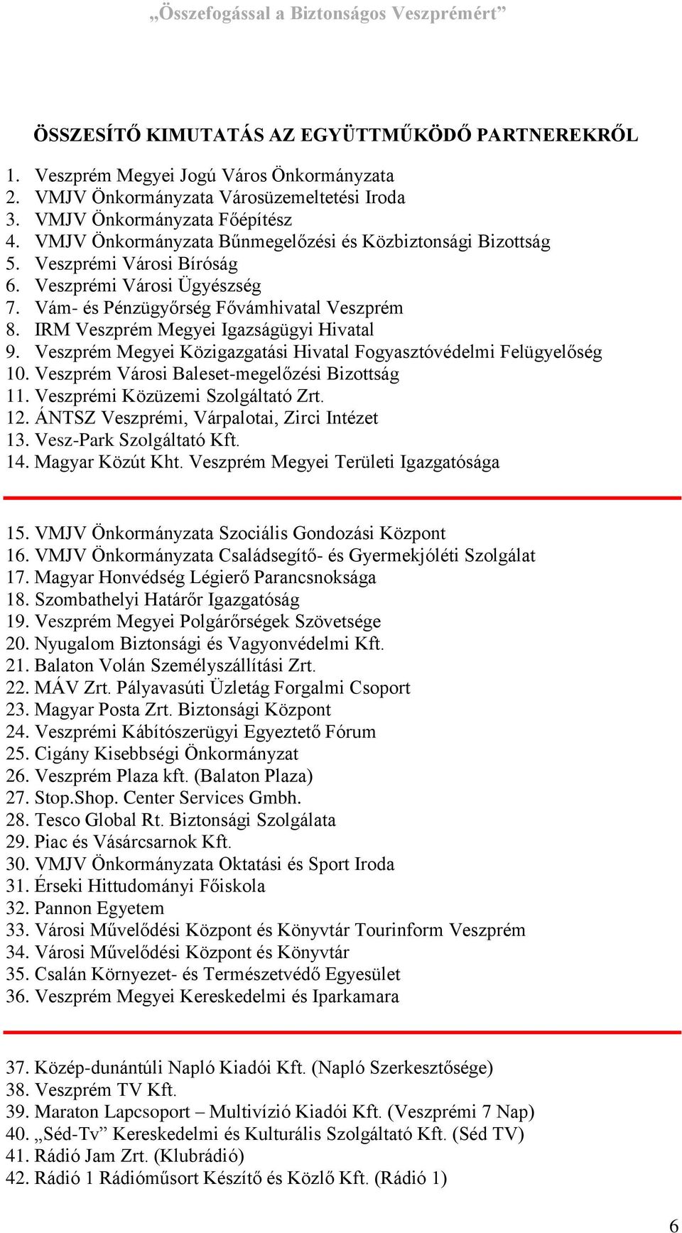 IRM Veszprém Megyei Igazságügyi Hivatal 9. Veszprém Megyei Közigazgatási Hivatal Fogyasztóvédelmi Felügyelőség 10. Veszprém Városi Baleset-megelőzési Bizottság 11. Veszprémi Közüzemi Szolgáltató Zrt.