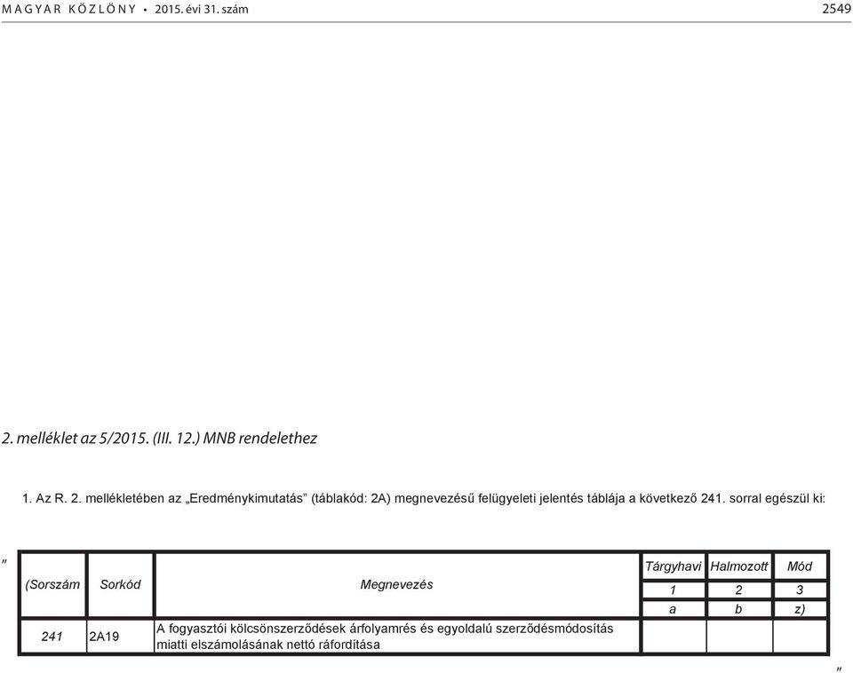 mellékletében az Eredménykimutatás (táblakód: 2A) megnevezésű felügyeleti jelentés táblája a következő 241.