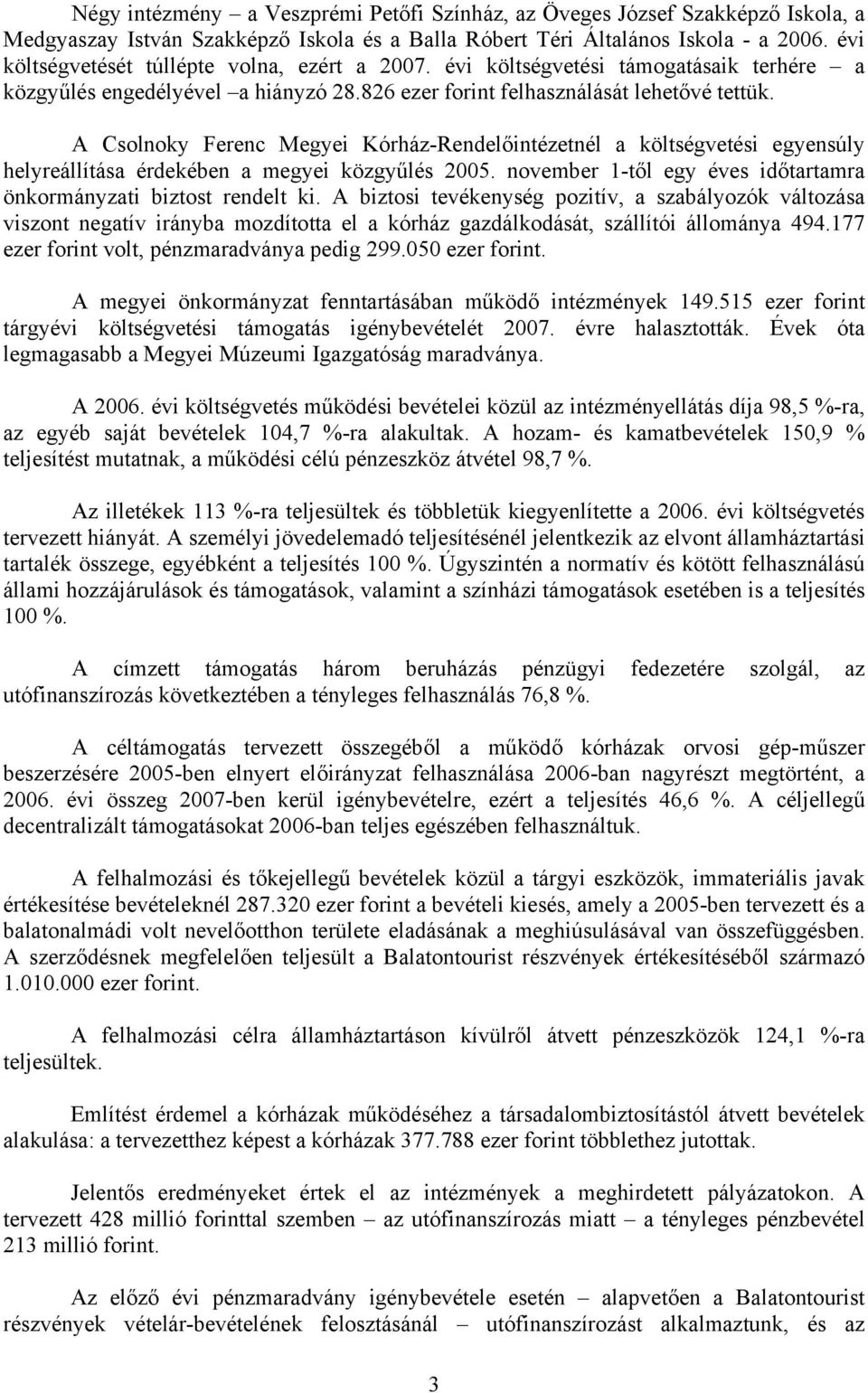 A Csolnoky Ferenc Megyei Kórház-Rendelőintézetnél a költségvetési egyensúly helyreállítása érdekében a megyei közgyűlés 2005. november 1-től egy éves időtartamra önkormányzati biztost rendelt ki.