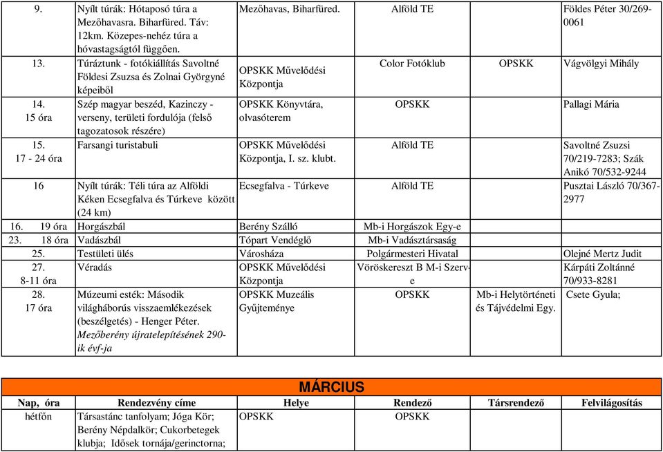 17-24 óra Szép magyar beszéd, Kazinczy - verseny, területi fordulója (felső tagozatosok részére) Farsangi turistabuli 16 Nyílt túrák: Téli túra az Alföldi Kéken Ecsegfalva és Túrkeve között (24 km)