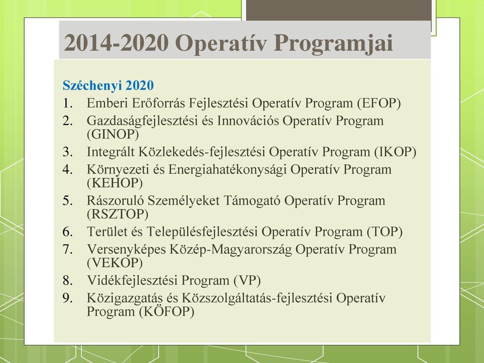 Környezeti és Energiahatékonysági Operatív Program (KEHOP) 5. Rászoruló Személyeket Támogató Operatív Program (RSZTOP) 6.