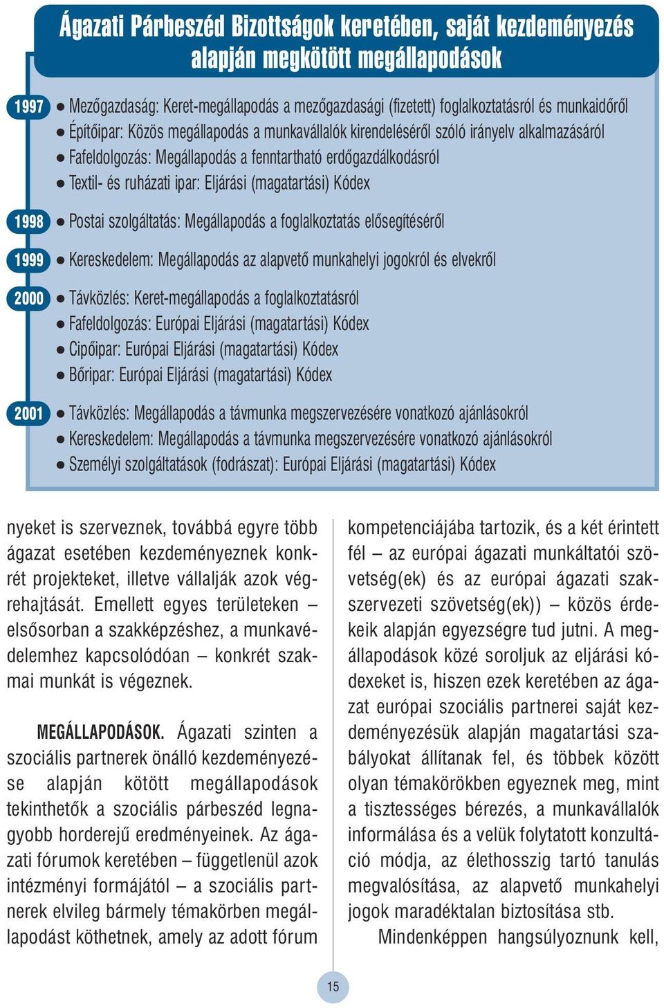 (magatartási) Kódex 1998 Postai szolgáltatás: Megállapodás a foglalkoztatás elôsegítésérôl 1999 Kereskedelem: Megállapodás az alapvetô munkahelyi jogokról és elvekrôl 2000 Távközlés: