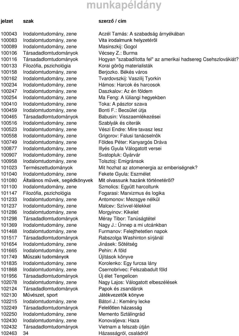 100133 Filozófia, pszichológia Korai görög materialisták 100158 Irodalomtudomány, zene Berjozko.