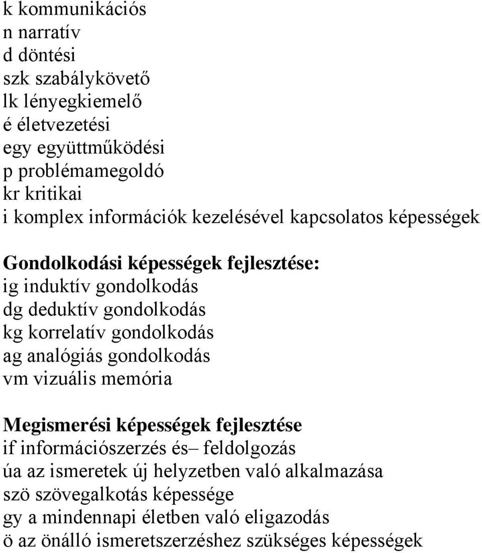 gondolkodás ag analógiás gondolkodás vm vizuális memória Megismerési képességek fejlesztése if információszerzés és feldolgozás úa az ismeretek új