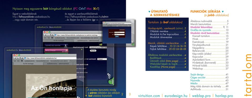 ..és lépjen be a felületre így A részletes bemutatás mindig a páros oldalakon (az oldalpár bal oldalán) folytatódik 2 3 ÚTMUTATÓ A SZERKESZTÉSHEZ Tartalom (a bal oldalakon) Honlap-építô-, szerkesztô