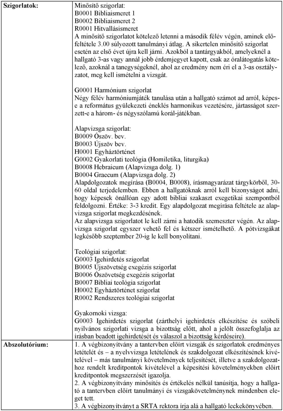 Azokból a tantárgyakból, amelyeknél a hallgató 3-as vagy annál jobb érdemjegyet kapott, csak az óralátogatás kötelező, azoknál a tanegységeknél, ahol az eredmény nem éri el a 3-as osztályzatot, meg