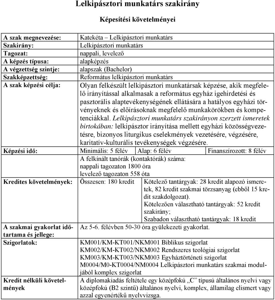 alkalmasak a református egyház igehirdetési és pasztorális alaptevékenységének ellátására a hatályos egyházi törvényeknek és előírásoknak megfelelő munkakörökben és kompetenciákkal.