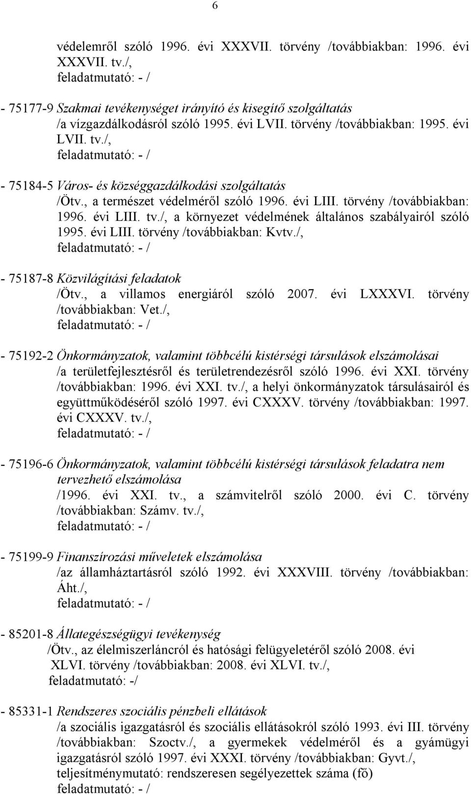 /, feladatmutató: - / - 75184-5 Város- és községgazdálkodási szolgáltatás /Ötv., a természet védelméről szóló 1996. évi LIII. törvény /továbbiakban: 1996. évi LIII. tv.