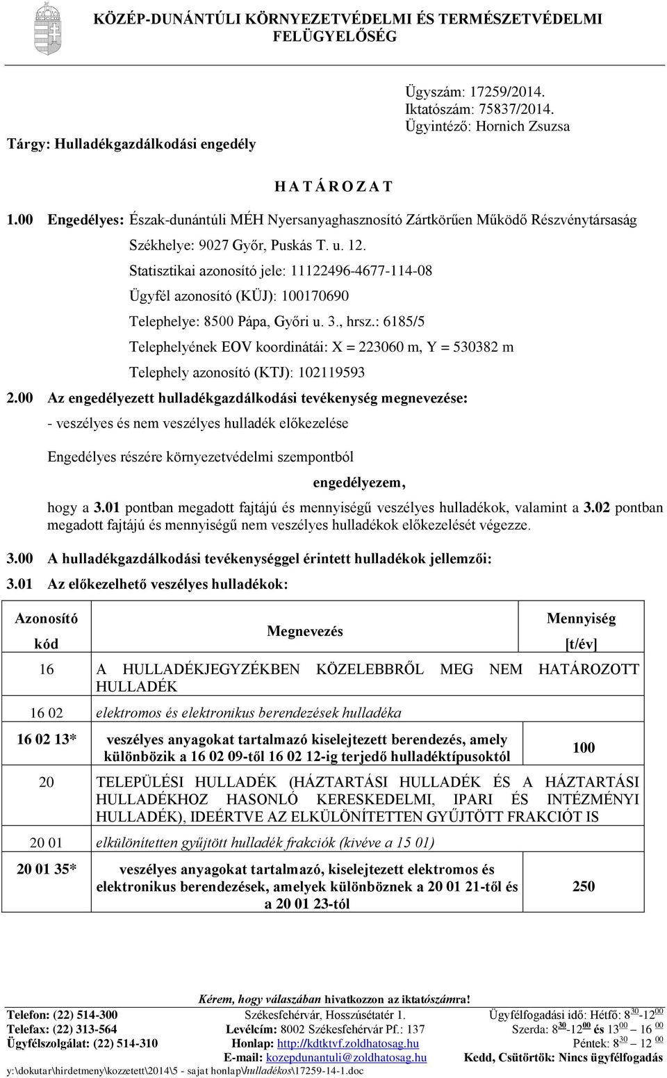 Statisztikai azonosító jele: 11122496-4677-114-08 Ügyfél azonosító (KÜJ): 100170690 Telephelye: 8500 Pápa, Győri u. 3., hrsz.