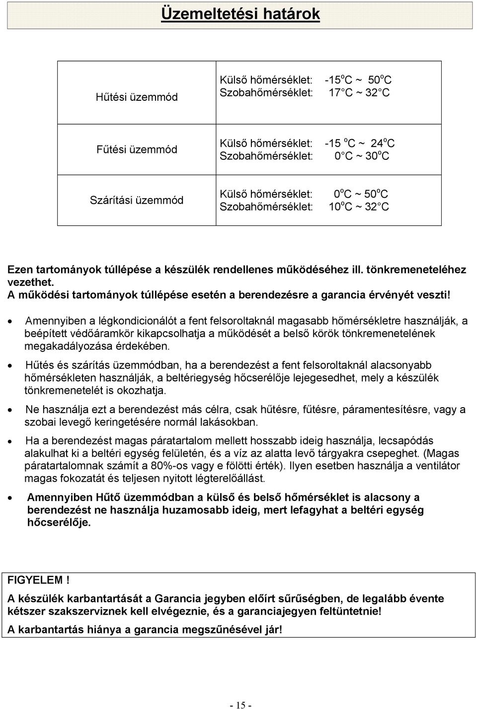 A működési tartományok túllépése esetén a berendezésre a garancia érvényét veszti!