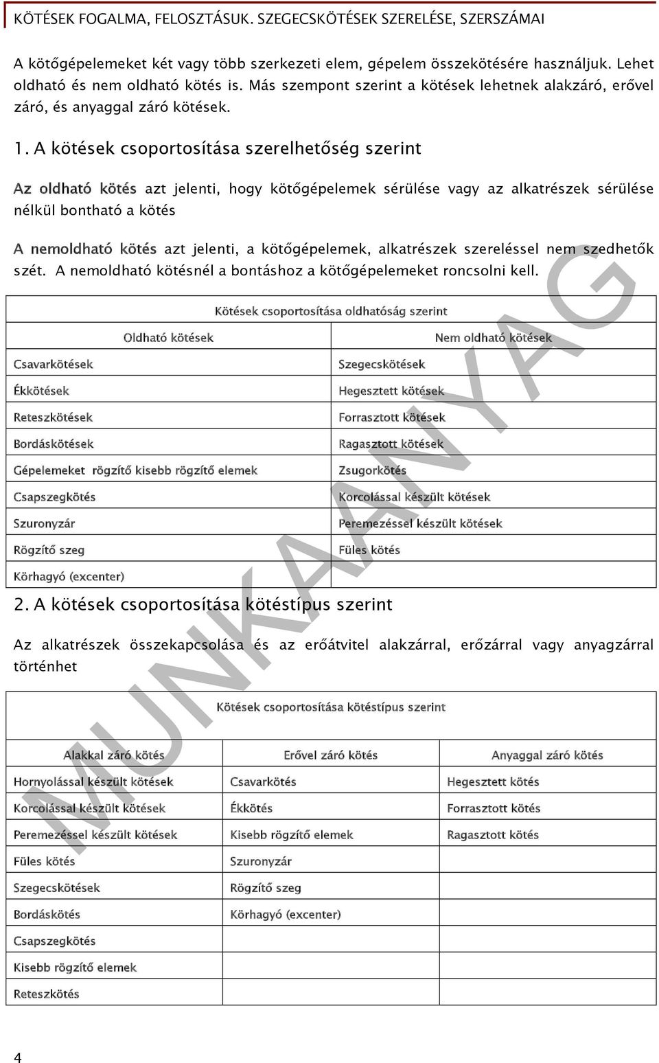 A kötések csoportosítása szerelhetőség szerint Az oldható kötés azt jelenti, hogy kötőgépelemek sérülése vagy az alkatrészek sérülése nélkül bontható a kötés A nemoldható kötés azt jelenti, a