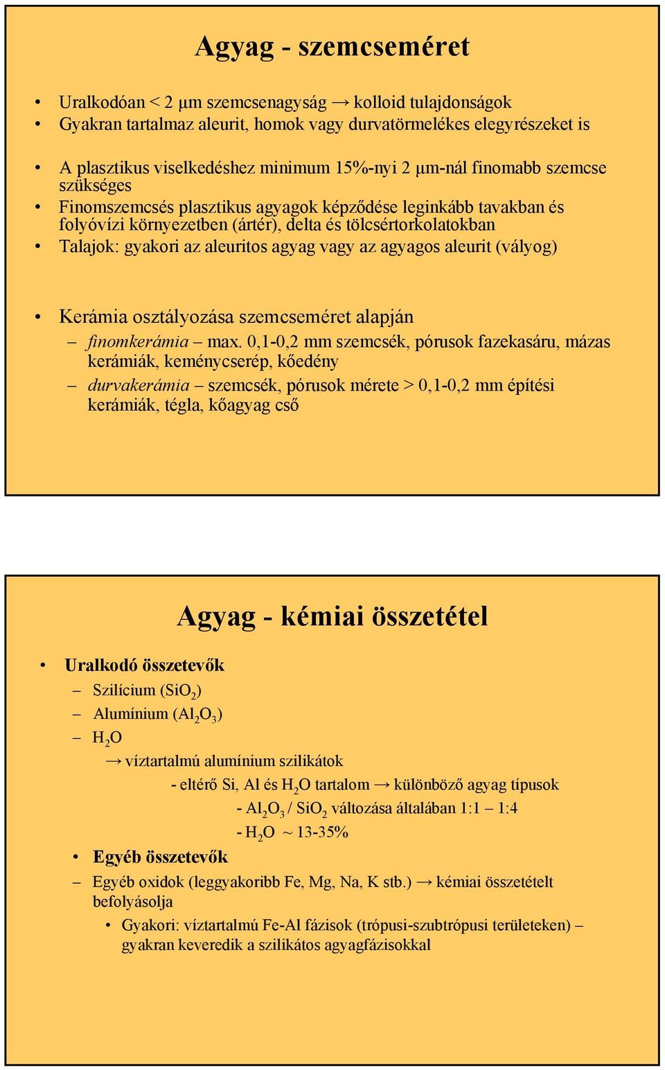 agyagos aleurit (vályog) Kerámia osztályozása szemcseméret alapján finomkerámia max.