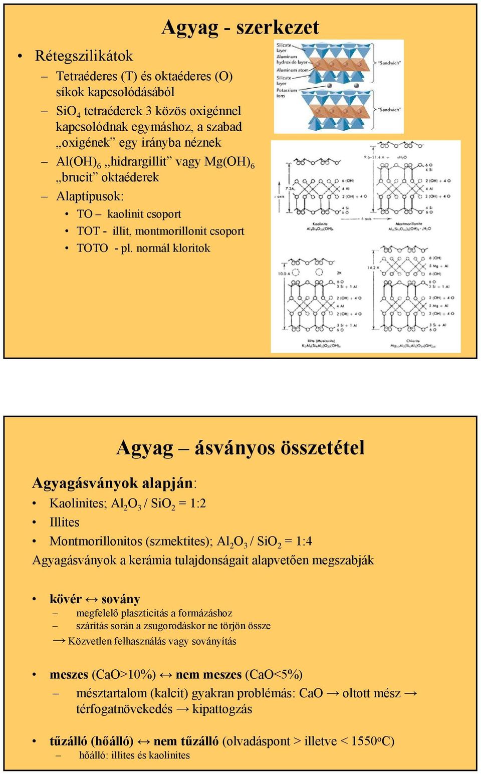 normál kloritok Agyag ásványos összetétel Agyagásványok alapján: Kaolinites; Al 2 O 3 / SiO 2 = 1:2 Illites Montmorillonitos (szmektites); Al 2 O 3 / SiO 2 = 1:4 Agyagásványok a kerámia