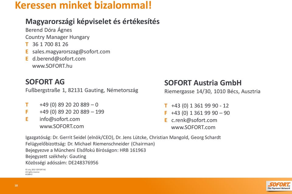 com www.sofort.hu SOFORT AG Fußbergstraße 1, 82131 Gauting, Németország SOFORT Austria GmbH Riemergasse 14/30, 1010 Bécs, Ausztria T +49 (0) 89 20 20 889 0 F +49 (0) 89 20 20 889 199 E info@sofort.