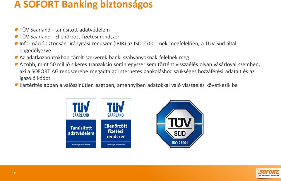 több, mint 50 millió sikeres tranzakció során egyszer sem történt visszaélés olyan vásárlóval szemben, aki a SOFORT AG rendszerébe megadta az