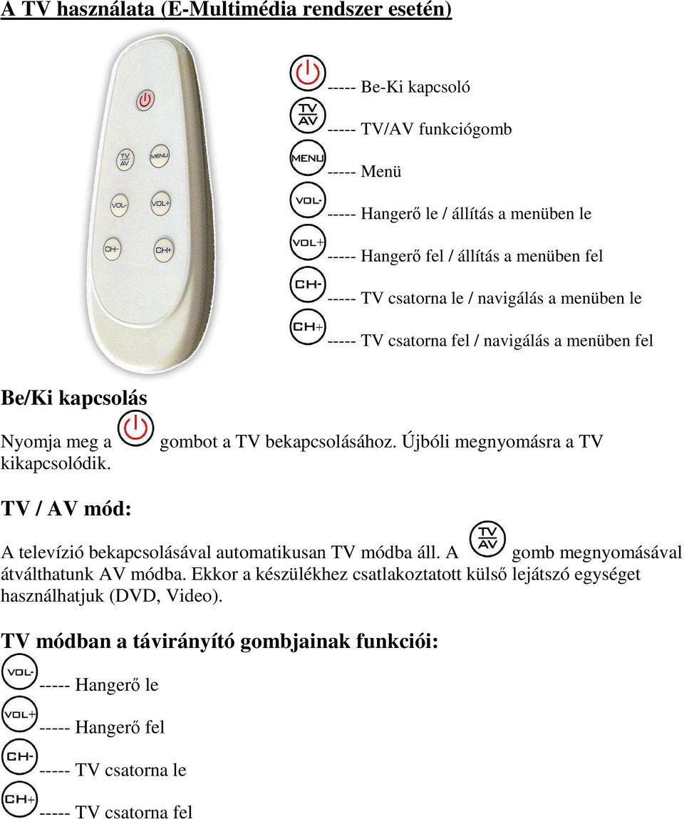 gombot a TV bekapcsolásához. Újbóli megnyomásra a TV TV / AV mód: A televízió bekapcsolásával automatikusan TV módba áll. A gomb megnyomásával átválthatunk AV módba.