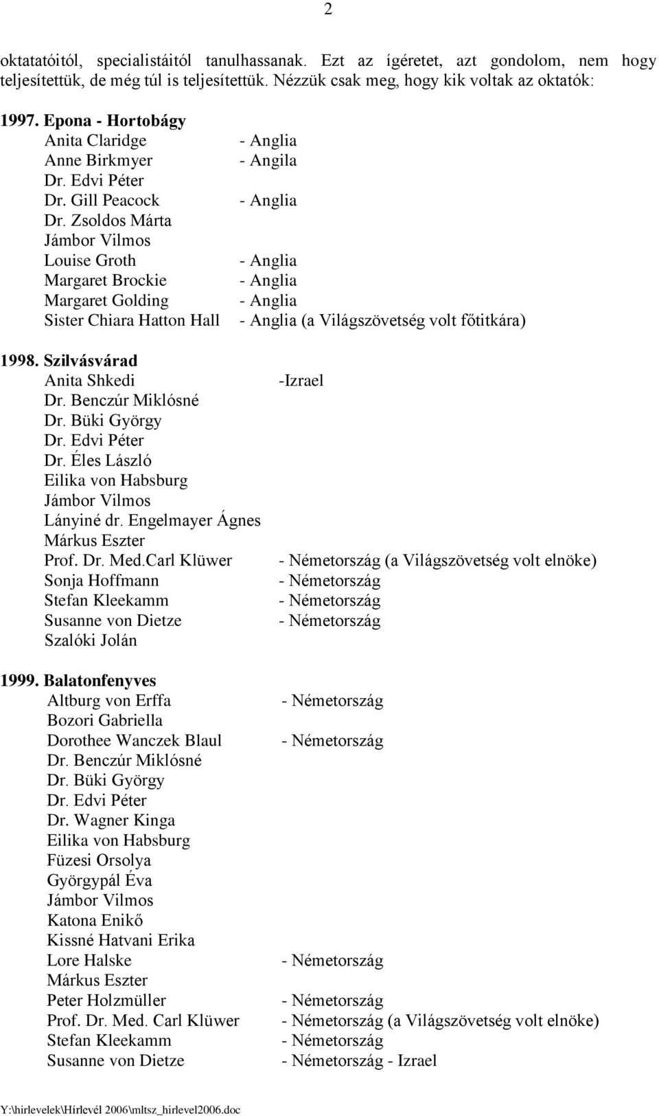 Zsoldos Márta Jámbor Vilmos Louise Groth Margaret Brockie Margaret Golding Sister Chiara Hatton Hall - Angila (a Világszövetség volt főtitkára) 1998. Szilvásvárad Anita Shkedi Dr.