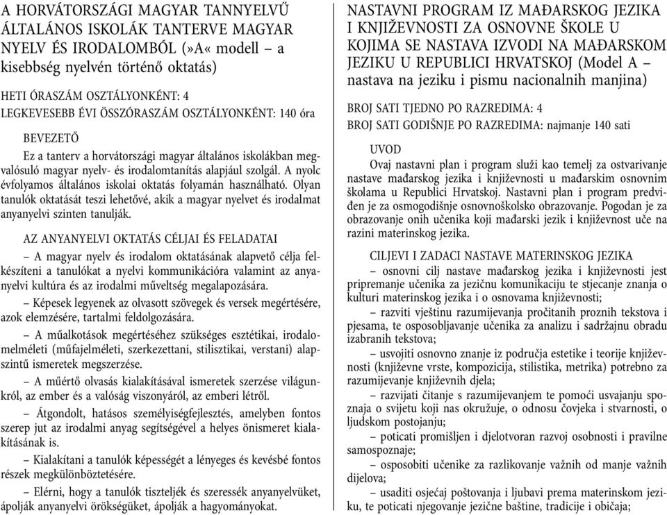 A nyolc évfolyamos általános iskolai oktatás folyamán használható. Olyan tanulók oktatását teszi lehetővé, akik a magyar nyelvet és irodalmat anyanyelvi szinten tanulják.