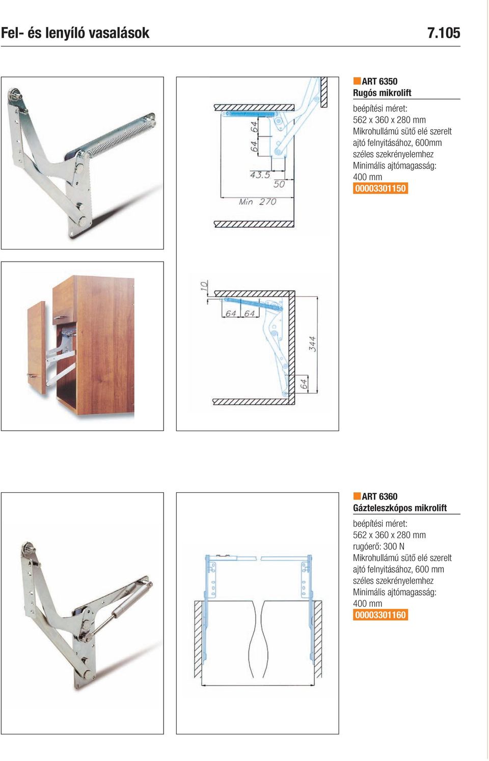 felnyitásához, 600mm széles szekrényelemhez Minimális ajtómagasság: 400 mm 00003301150 ART 6360