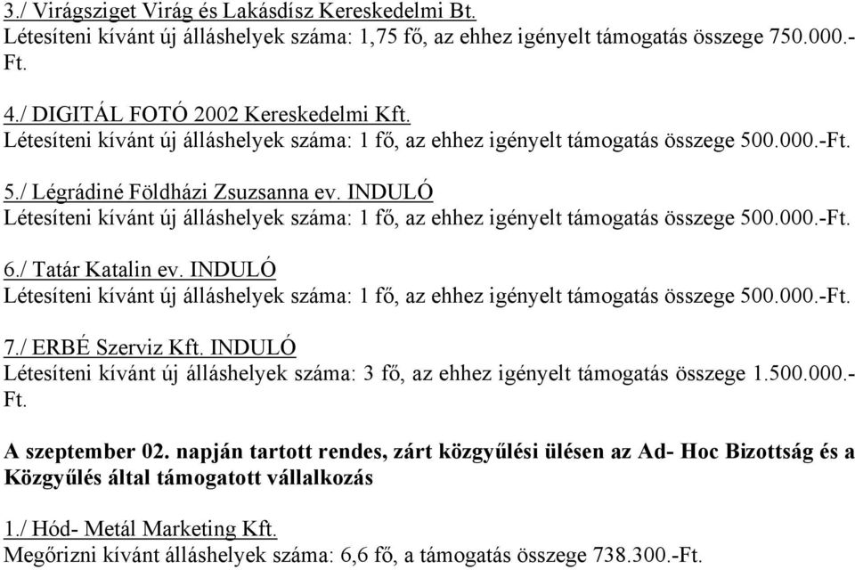 INDULÓ Létesíteni kívánt új álláshelyek száma: 1 fő, az ehhez igényelt támogatás összege 500.000.- 6./ Tatár Katalin ev.