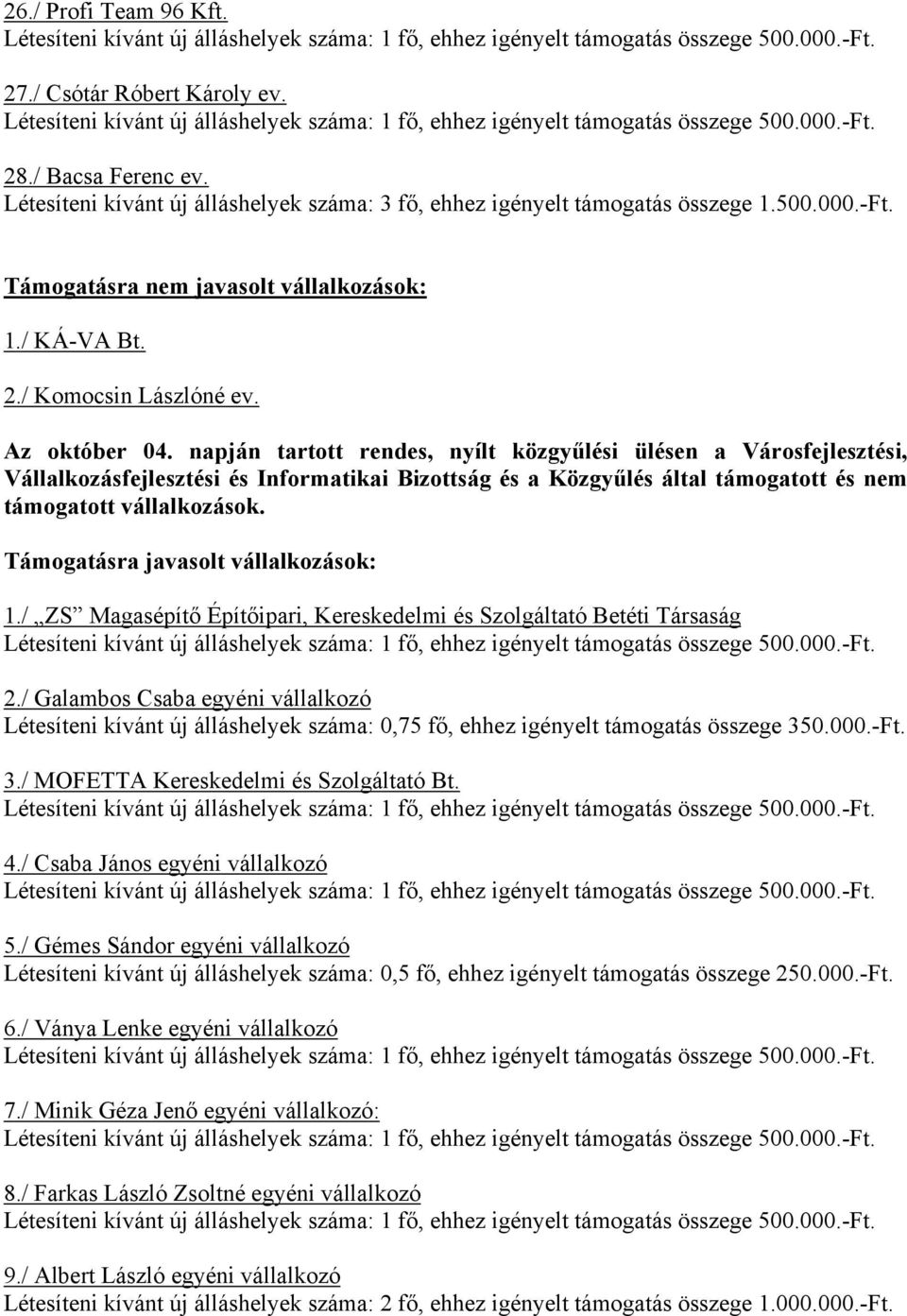 Támogatásra javasolt vállalkozások: 1./ ZS Magasépítő Építőipari, Kereskedelmi és Szolgáltató Betéti Társaság 2.