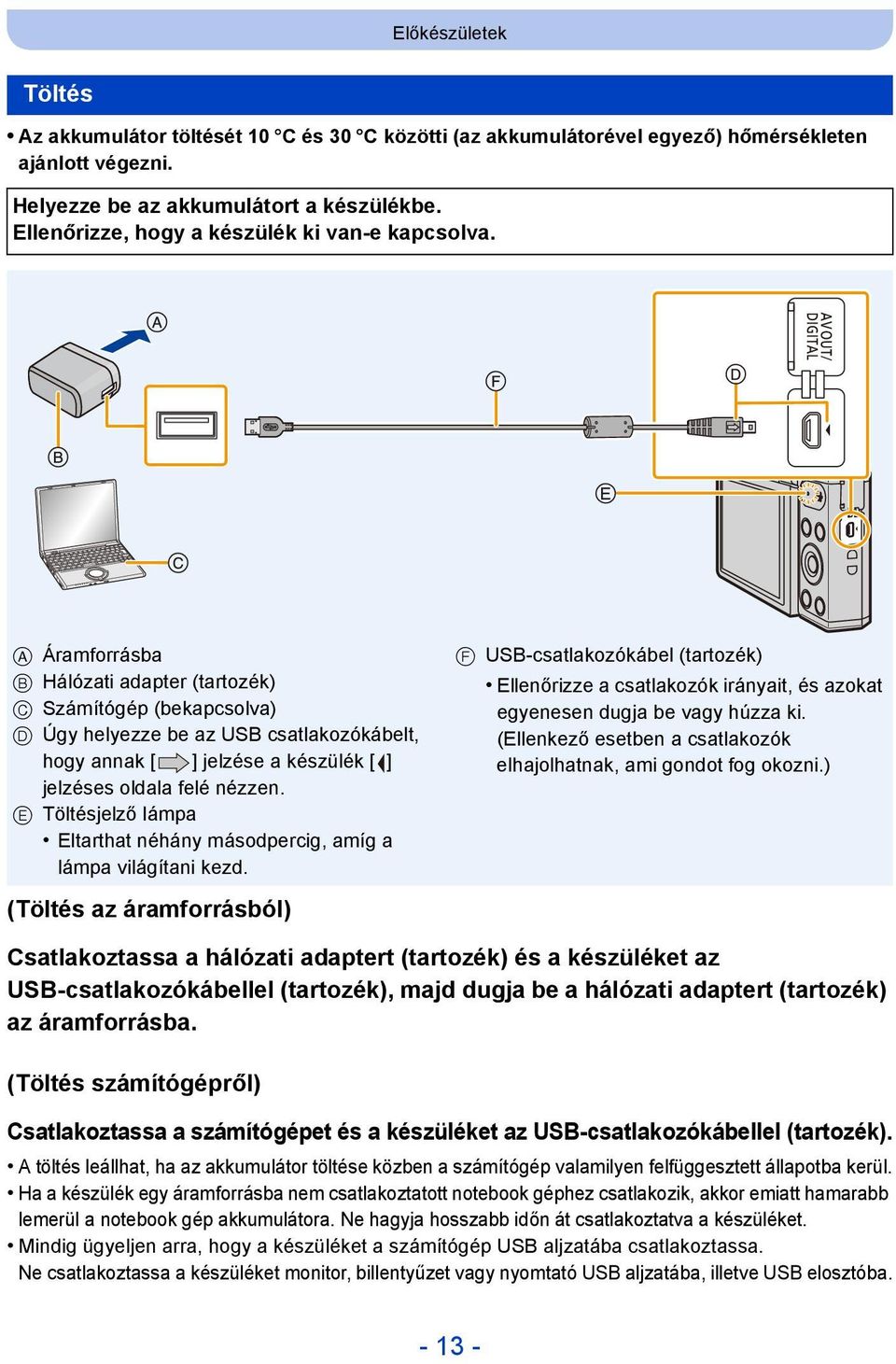 A Áramforrásba B Hálózati adapter (tartozék) C Számítógép (bekapcsolva) D Úgy helyezze be az USB csatlakozókábelt, hogy annak [ ] jelzése a készülék [ ] jelzéses oldala felé nézzen.