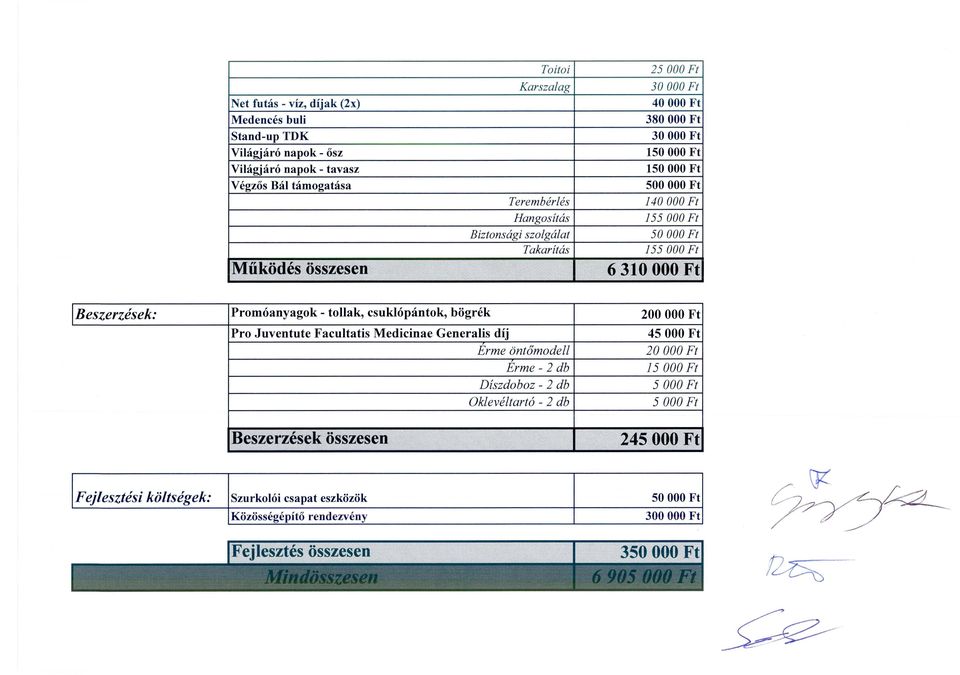 IBeszerzések: Promóanyagok - tollak, csuklópántok, bögrék 200000 Ft Pro Juventute Facultatis Medicinae Generalis díj 45000 Ft Erme öntőmodell 20000 Ft Erme - 2 db