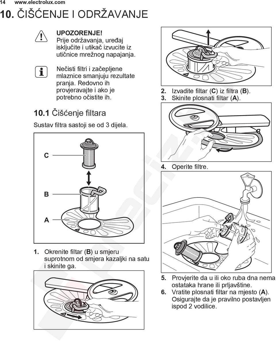 1 Čišćenje filtara Sustav filtra sastoji se od 3 dijela. C B A 1. Okrenite filtar (B) u smjeru suprotnom od smjera kazaljki na satu i skinite ga. 2.