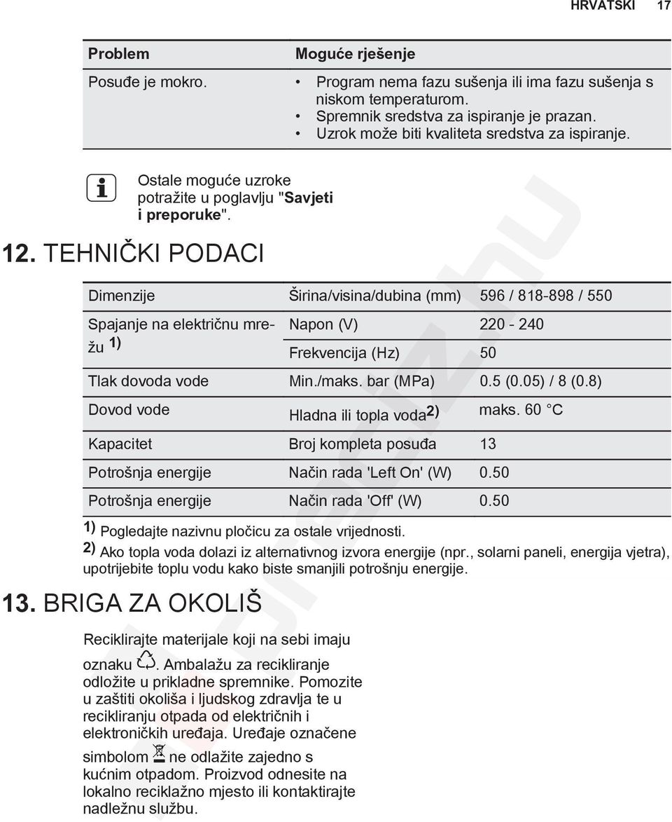 TEHNIČKI PODACI Dimenzije Širina/visina/dubina (mm) 596 / 818-898 / 550 Spajanje na električnu mrežu Napon (V) 220-240 1) Frekvencija (Hz) 50 Tlak dovoda vode Min./maks. bar (MPa) 0.5 (0.05) / 8 (0.