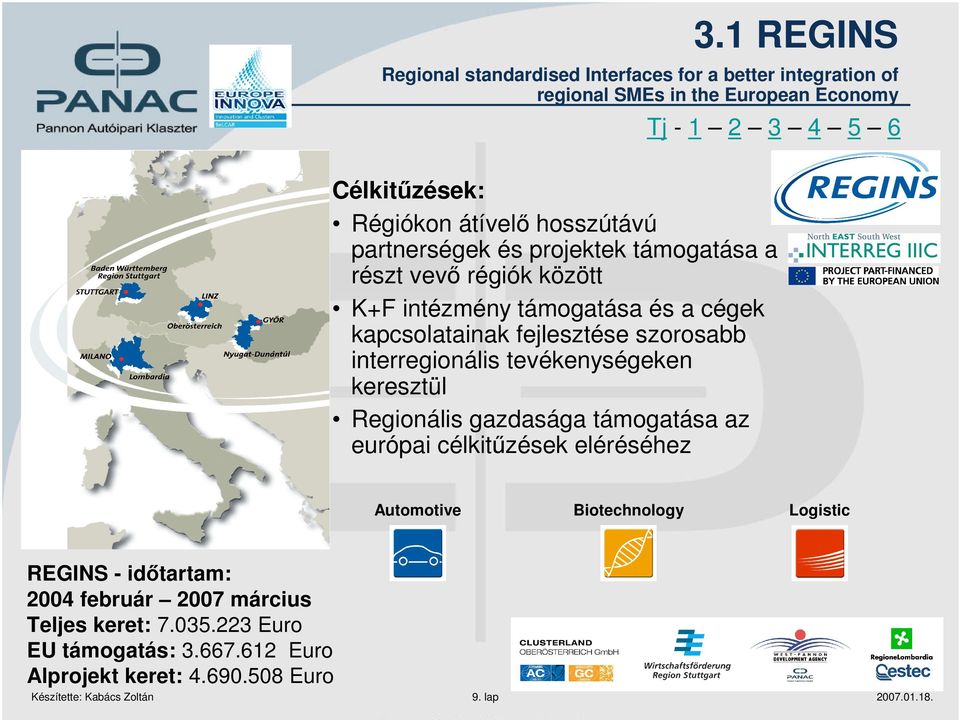 tevékenységeken keresztül Regionális gazdasága támogatása az európai célkitűzések eléréséhez Automotive Biotechnology Logistic REGINS - időtartam: 2004