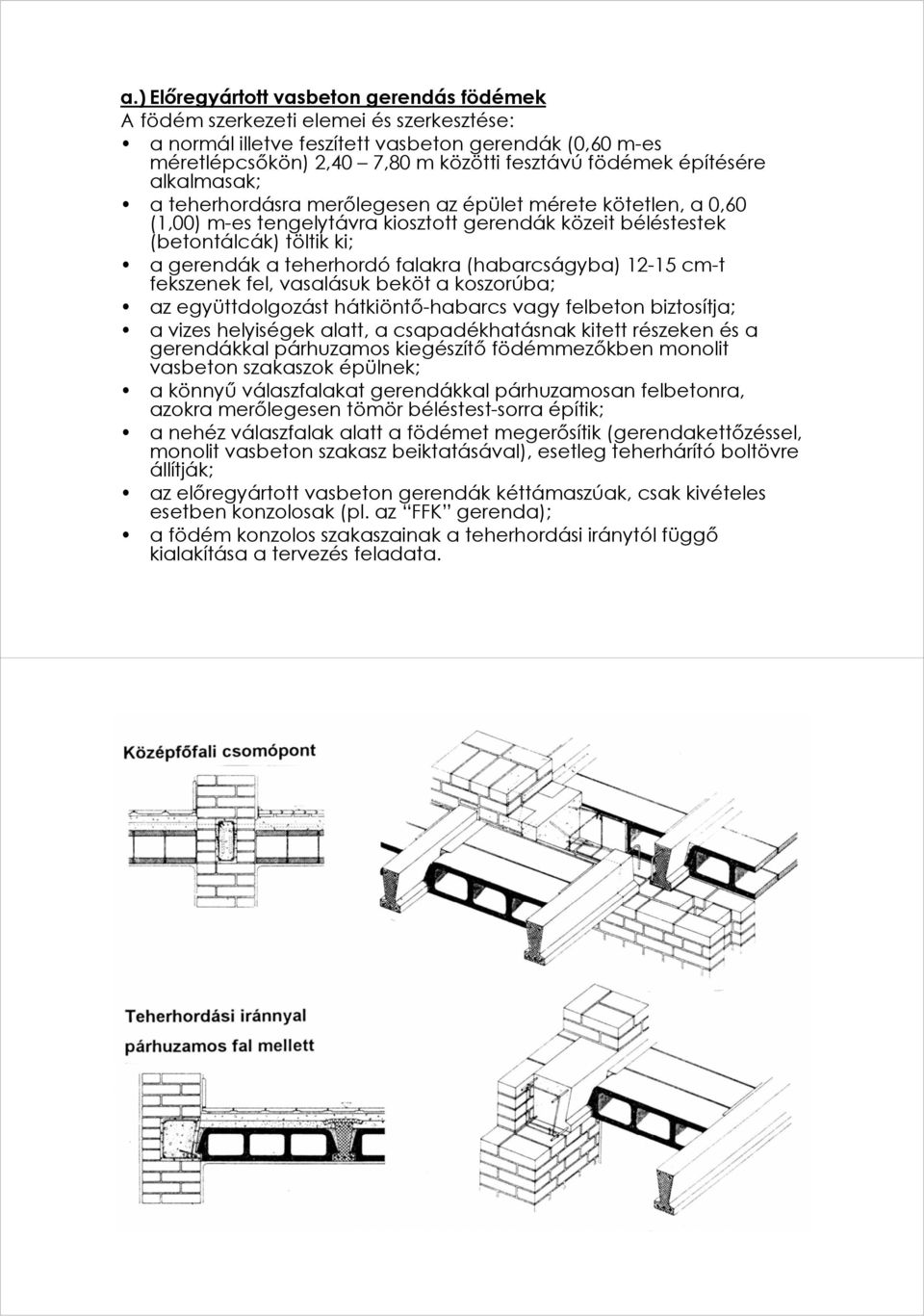 falakra (habarcságyba) 12-15 cm-t fekszenek fel, vasalásuk beköt a koszorúba; az együttdolgozást hátkiöntő-habarcs vagy felbeton biztosítja; a vizes helyiségek alatt, a csapadékhatásnak kitett