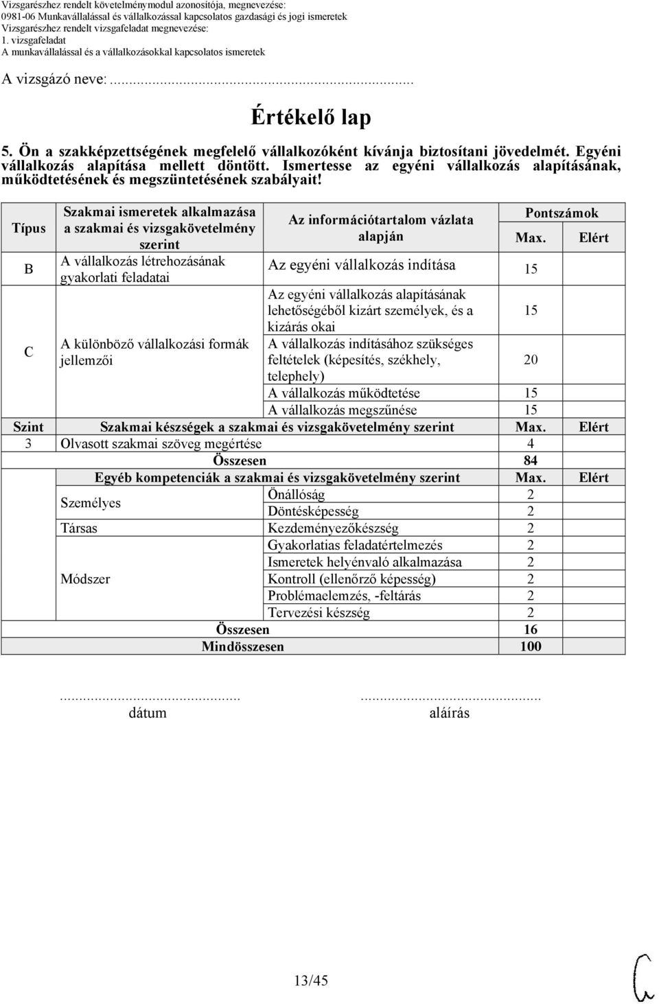 Típus B C Szakmai ismeretek alkalmazása a szakmai és vizsgakövetelmény szerint A vállalkozás létrehozásának gyakorlati feladatai A különböző vállalkozási formák jellemzői Az információtartalom