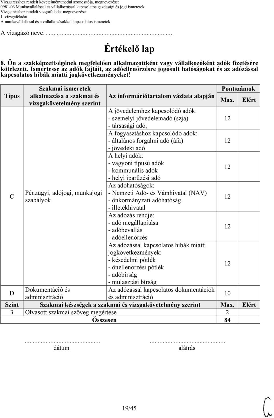 Típus C Szakmai ismeretek alkalmazása a szakmai és vizsgakövetelmény szerint Pénzügyi, adójogi, munkajogi szabályok Az információtartalom vázlata alapján A jövedelemhez kapcsolódó adók: - személyi