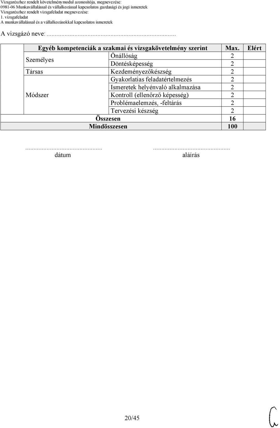 feladatértelmezés 2 Ismeretek helyénvaló alkalmazása 2 Módszer Kontroll (ellenőrző